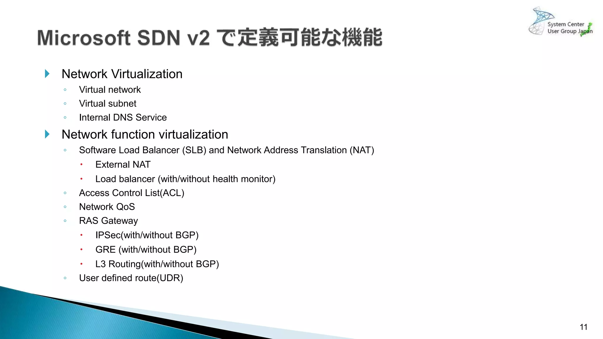 11
 Network Virtualization
◦ Virtual network
◦ Virtual subnet
◦ Internal DNS Service
 Network function virtualization
◦ Software Load Balancer (SLB) and Network Address Translation (NAT)
 External NAT
 Load balancer (with/without health monitor)
◦ Access Control List(ACL)
◦ Network QoS
◦ RAS Gateway
 IPSec(with/without BGP)
 GRE (with/without BGP)
 L3 Routing(with/without BGP)
◦ User defined route(UDR)
 