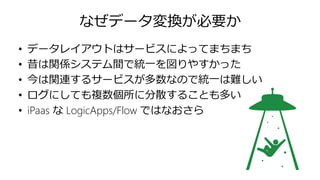 なぜデータ変換が必要か
• データレイアウトはサービスによってまちまち
• 昔は関係システム間で統一を図りやすかった
• 今は関連するサービスが多数なので統一は難しい
• ログにしても複数個所に分散することも多い
• iPaas な LogicApps/Flow ではなおさら
 