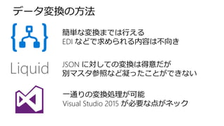 簡単な変換までは行える
EDI などで求められる内容は不向き
JSON に対しての変換は得意だが
別マスタ参照など凝ったことができない
一通りの変換処理が可能
Visual Studio 2015 が必要な点がネック
データ変換の方法
 
