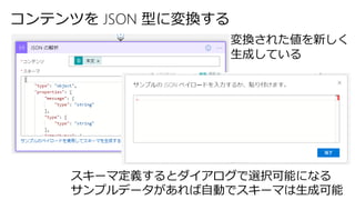 コンテンツを JSON 型に変換する
スキーマ定義するとダイアログで選択可能になる
サンプルデータがあれば自動でスキーマは生成可能
変換された値を新しく
生成している
 