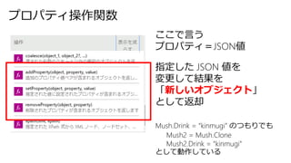 プロパティ操作関数
ここで言う
プロパティ＝JSON値
指定した JSON 値を
変更して結果を
「新しいオブジェクト」
として返却
Mush.Drink = “kinmugi” のつもりでも
Mush2 = Mush.Clone
Mush2.Drink = “kinmugi”
として動作している
 