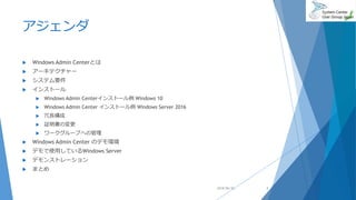 アジェンダ
 Windows Admin Centerとは
 アーキテクチャー
 システム要件
 インストール
 Windows Admin Centerインストール例 Windows 10
 Windows Admin Center インストール例 Windows Server 2016
 冗長構成
 証明書の変更
 ワークグループへの管理
 Windows Admin Center のデモ環境
 デモで使用しているWindows Server
 デモンストレーション
 まとめ
2018/06/30 3
 