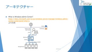 アーキテクチャー
 What is Windows Admin Center?
https://docs.microsoft.com/ja-jp/windows-server/manage/windows-admin-
center/understand/what-is
より引用
2018/06/30 7
 