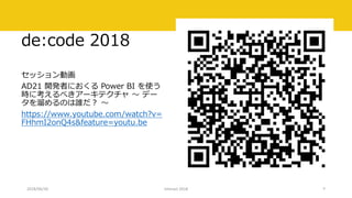 de:code 2018
セッション動画
AD21 開発者におくる Power BI を使う
時に考えるべきアーキテクチャ ～ デー
タを溜めるのは誰だ？ ～
https://www.youtube.com/watch?v=
FHhmI2onQ4s&feature=youtu.be
2018/06/30 Interact 2018 9
 