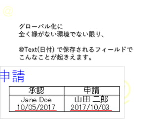グローバル化に
全く縁がない環境でない限り、
@Text(日付) で保存されるフィールドで
こんなことが起きえます。
 