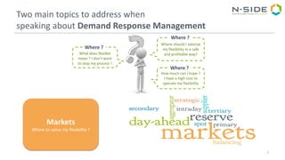 7
Markets
Where to value my flexibility ?
Two main topics to address when
speaking about Demand Response Management
Where should I valorize
my flexibility in a safe
and profitable way?What does flexible
mean ? I don’t want
to stop my process !
Where ?
Where ?
How much can I hope ?
I have a high cost to
operate my flexibility
Where ?
 