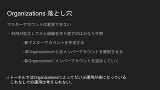 Organizations 落とし穴
マスターアカウントは変更できない
・利用が拡大してから組織を作り直すのはかなり手間
-新マスターアカウントを作成する
-旧Organizationから全メンバーアカウントを離脱させる
-新Organizationにメンバーアカウントを追加していく
⇨トータルではOrganizationsによってだいぶ運用が楽になっている
これなしでの運用は考えられない。
 