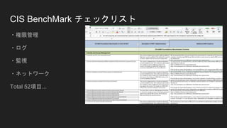 CIS BenchMark チェックリスト
・権限管理
・ログ
・監視
・ネットワーク
Total 52項目...
 