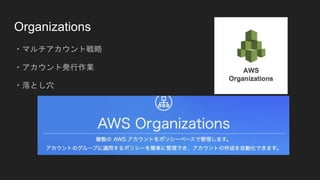 Organizations
・マルチアカウント戦略
・アカウント発行作業
・落とし穴
 