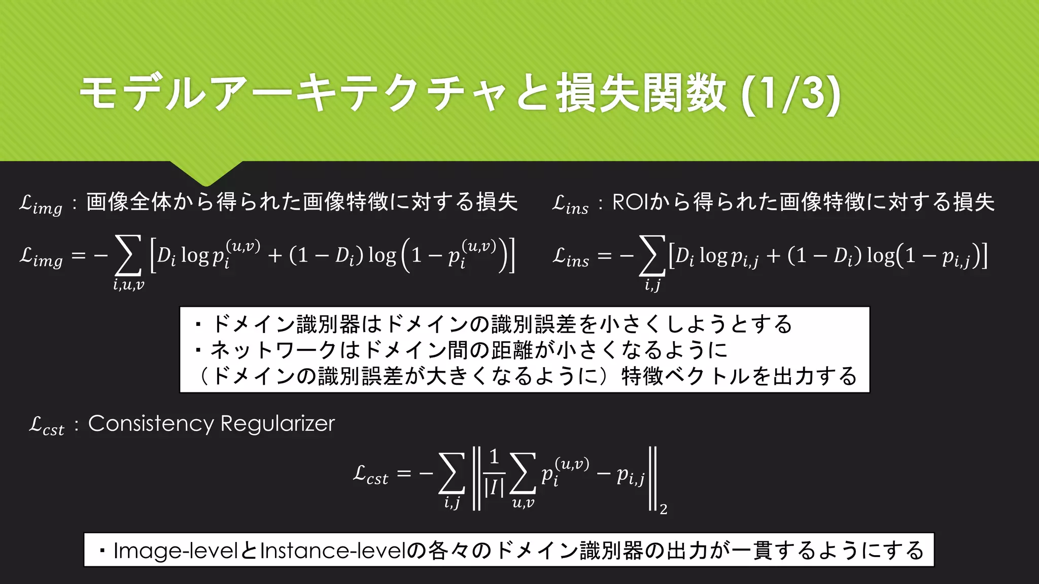 モデルアーキテクチャと損失関数 (1/3)
ℒ 𝑖𝑚𝑔 = − ෍
𝑖,𝑢,𝑣
𝐷𝑖 log 𝑝𝑖
𝑢,𝑣
+ 1 − 𝐷𝑖 log 1 − 𝑝𝑖
𝑢,𝑣
ℒ 𝑖𝑚𝑔：画像全体から得られた画像特徴に対する損失
ℒ 𝑖𝑛𝑠 = − ෍
𝑖,𝑗
𝐷𝑖 log 𝑝𝑖,𝑗 + 1 − 𝐷𝑖 log 1 − 𝑝𝑖,𝑗
ℒ 𝑖𝑛𝑠：ROIから得られた画像特徴に対する損失
・Image-levelとInstance-levelの各々のドメイン識別器の出力が一貫するようにする
ℒ 𝑐𝑠𝑡 = − ෍
𝑖,𝑗
1
𝐼
෍
𝑢,𝑣
𝑝𝑖
𝑢,𝑣
− 𝑝𝑖,𝑗
2
・ドメイン識別器はドメインの識別誤差を小さくしようとする
・ネットワークはドメイン間の距離が小さくなるように
（ドメインの識別誤差が大きくなるように）特徴ベクトルを出力する
ℒ 𝑐𝑠𝑡：Consistency Regularizer
 