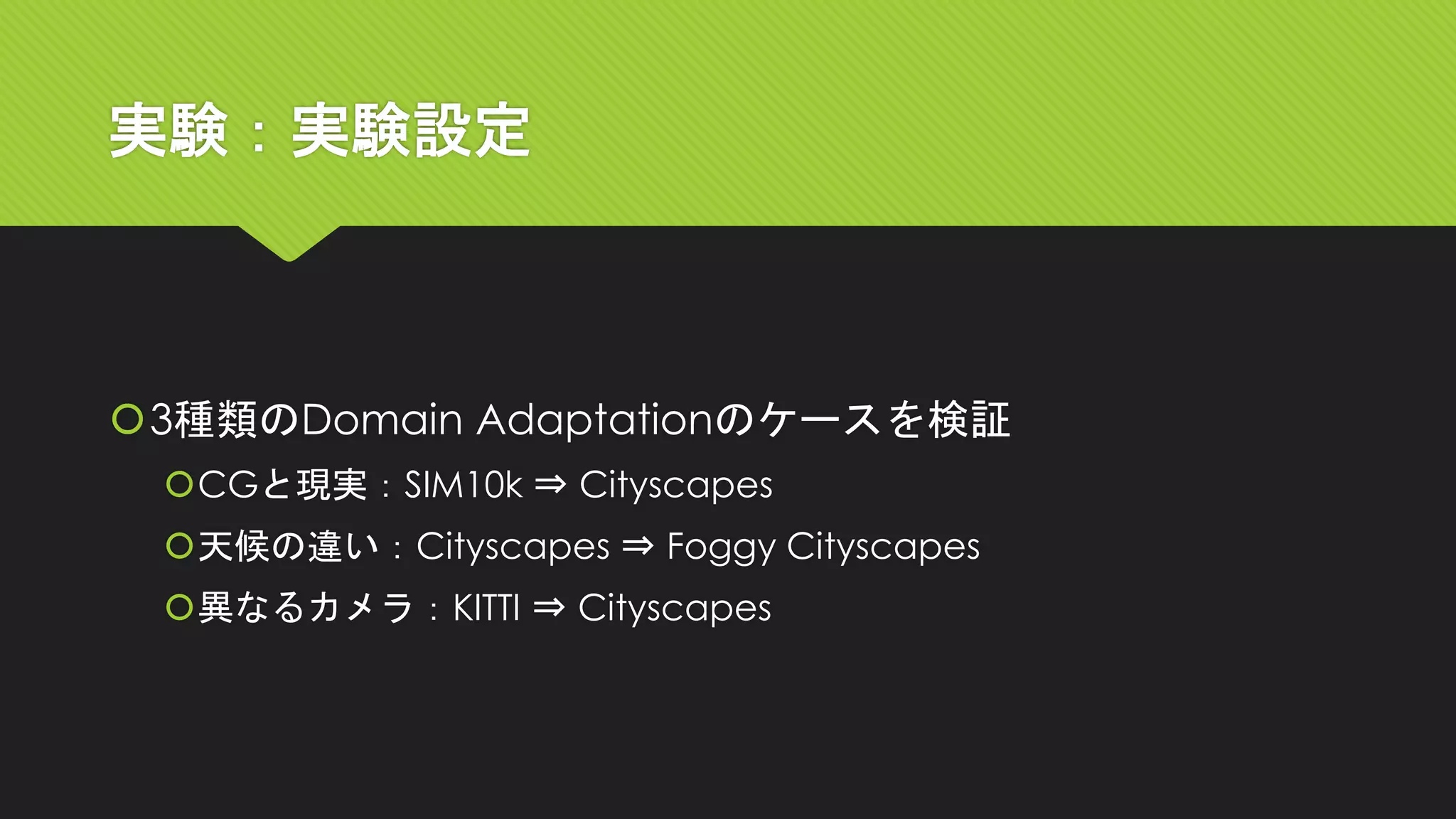 実験：実験設定
3種類のDomain Adaptationのケースを検証
CGと現実：SIM10k ⇒ Cityscapes
天候の違い：Cityscapes ⇒ Foggy Cityscapes
異なるカメラ：KITTI ⇒ Cityscapes
 