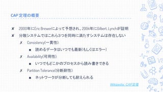 CAP 定理の概要
✘ 2000年にEric Brewerによって予想され、2004年にGilbert, Lynchが証明
✘ 分散システムではこれら３つを同時に満たすシステムは存在しない
✗ Consistency(一貫性):
■ 読めるデータはいつでも最新(もしくはエラー)
✗ Availability(可用性):
■ いつでもどこかのプロセスから読み書きできる
✗ Partition Tolerance(分断耐性):
■ ネットワークが分断しても耐えられる
Wikipedia: CAP定理
 