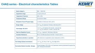 C4AQ series - Electrical characteristics Tables
Rated voltage VR 500 – 1,500 VDC
Capacitance range 1.0 µF to 210.0 µF
Capa...