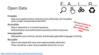 Open Data
Findable
Data and supplementary materials have sufficiently rich metadata
and a unique and persistent identifier.
Accessible
Data is deposited in a trusted repository.
Authentication and authorization procedure where necessary.
Interoperable
(Meta)data uses a formal, shared, and broadly applicable language or format.
Reusable
Data is described with clear and understandable attributes.
There should be a clear and acceptable license for re-use.
https://www.force11.org/group/fairgroup/fairprinciples
 