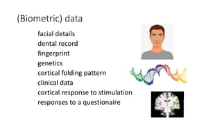 (Biometric) data
facial details
dental record
fingerprint
genetics
cortical folding pattern
clinical data
cortical response to stimulation
responses to a questionaire
 