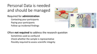 Personal Data is needed
and should be managed
Required for administration
Contacting your participants
Paying your participants
Follow up incidental findings
Often not required to address the research question
Sometimes used as confound
Check whether the sample is representative
Possibly required to assess scientific integrity
 