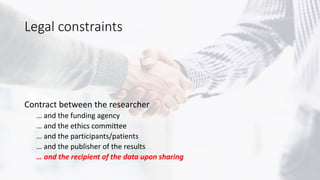Legal constraints
Contract between the researcher
… and the funding agency
… and the ethics committee
… and the participants/patients
… and the publisher of the results
… and the recipient of the data upon sharing
 