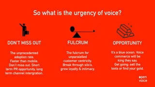 So what is the urgency of voice?
DON’T MISS OUT
The unprecedented
adoption rate.
Faster than mobile.
Don’t miss out. Short
term PR opportunity, long
term channel intergration.
FULCRUM
The fulcrum for
unparalelled
customer centricity.
Break through silo’s,
grow loyalty & intimacy.
OPPORTUNITY
It’s a blue ocean. Voice
commerce will be
king they say.
Get going: sell the
tools or find your gold.
 