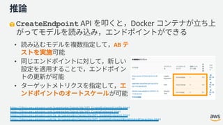 CreateEndpoint API Docker
• AB
•
•
https://docs.aw s.am azon.com /sagem aker/latest/dg/API_CreateEndpointConfig.htm l
https://docs.aw s.am azon.com /sagem aker/latest/dg/API_CreateEndpoint.htm l
https://docs.aw s.am azon.com /ja_jp/sagem aker/latest/dg/API_UpdateEndpoint.htm l
https://docs.aw s.am azon.com /ja_jp/sagem aker/latest/dg/API_UpdateEndpointW eightsAndCapacities.htm l
 