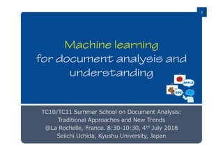 1
Machine learning
for document analysis and
understanding
TC10/TC11 Summer School on Document Analysis:
Traditional Approaches and New Trends
@La Rochelle, France. 8:30-10:30, 4th July 2018
Seiichi Uchida, Kyushu University, Japan
 
