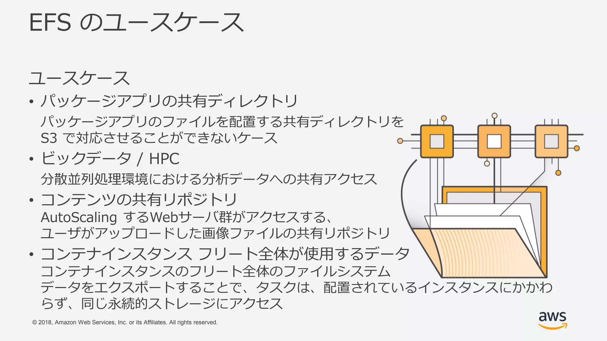 © 2018, Amazon Web Services, Inc. or its Affiliates. All rights reserved.
EFS のユースケース
ユースケース
• パッケージアプリの共有ディレクトリ
パッケージアプリのファイルを配置する共有ディレクトリを
S3 で対応させることができないケース
• ビックデータ / HPC
分散並列処理環境における分析データへの共有アクセス
• コンテンツの共有リポジトリ
AutoScaling するWebサーバ群がアクセスする、
ユーザがアップロードした画像ファイルの共有リポジトリ
• コンテナインスタンス フリート全体が使用するデータ
コンテナインスタンスのフリート全体のファイルシステム
データをエクスポートすることで、タスクは、配置されているインスタンスにかかわ
らず、同じ永続的ストレージにアクセス
 