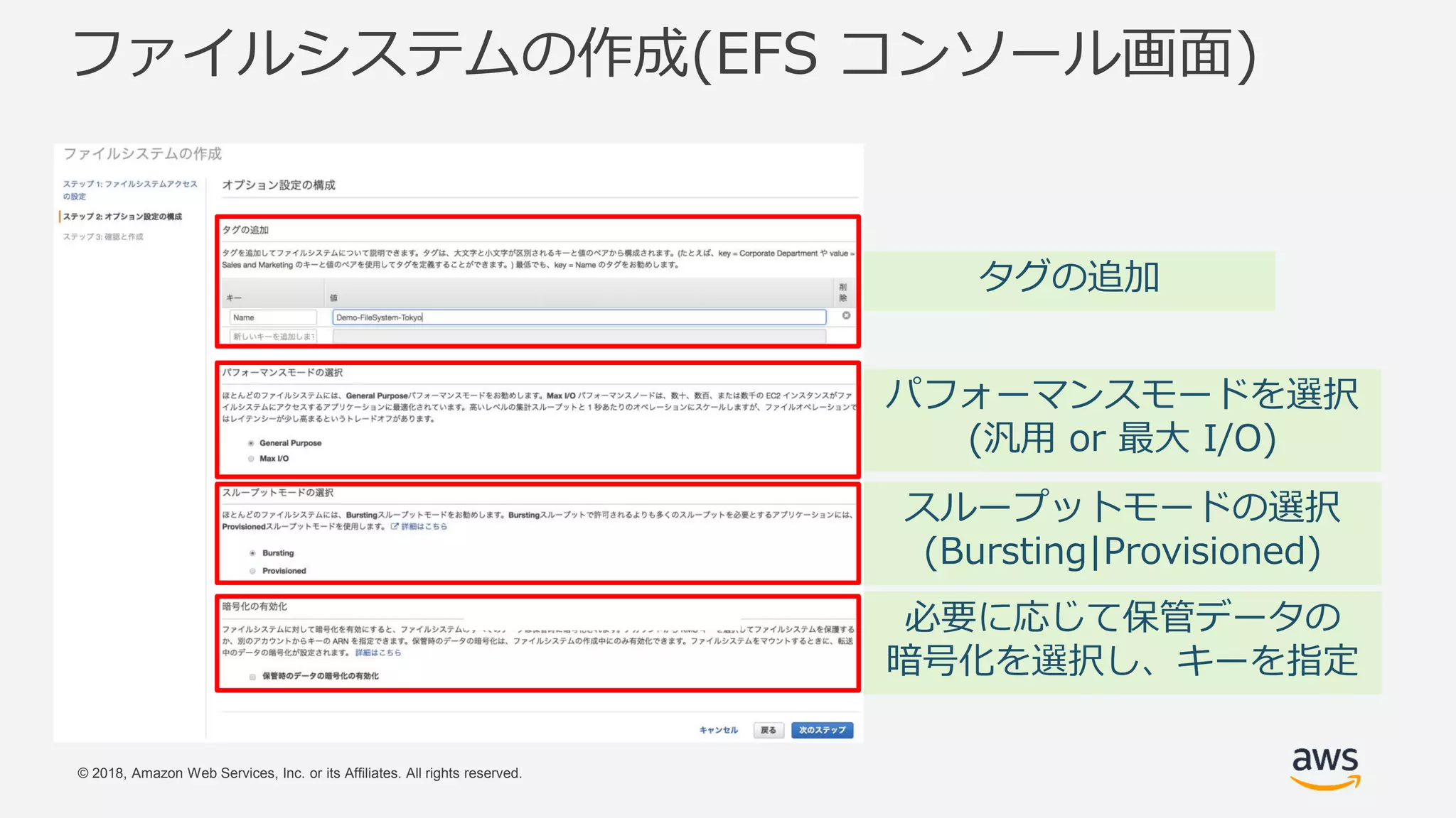 © 2018, Amazon Web Services, Inc. or its Affiliates. All rights reserved.
ファイルシステムの作成(EFS コンソール画面)
タグの追加
パフォーマンスモードを選択
(汎用 or 最大 I/O)
必要に応じて保管データの
暗号化を選択し、キーを指定
スループットモードの選択
(Bursting|Provisioned)
 