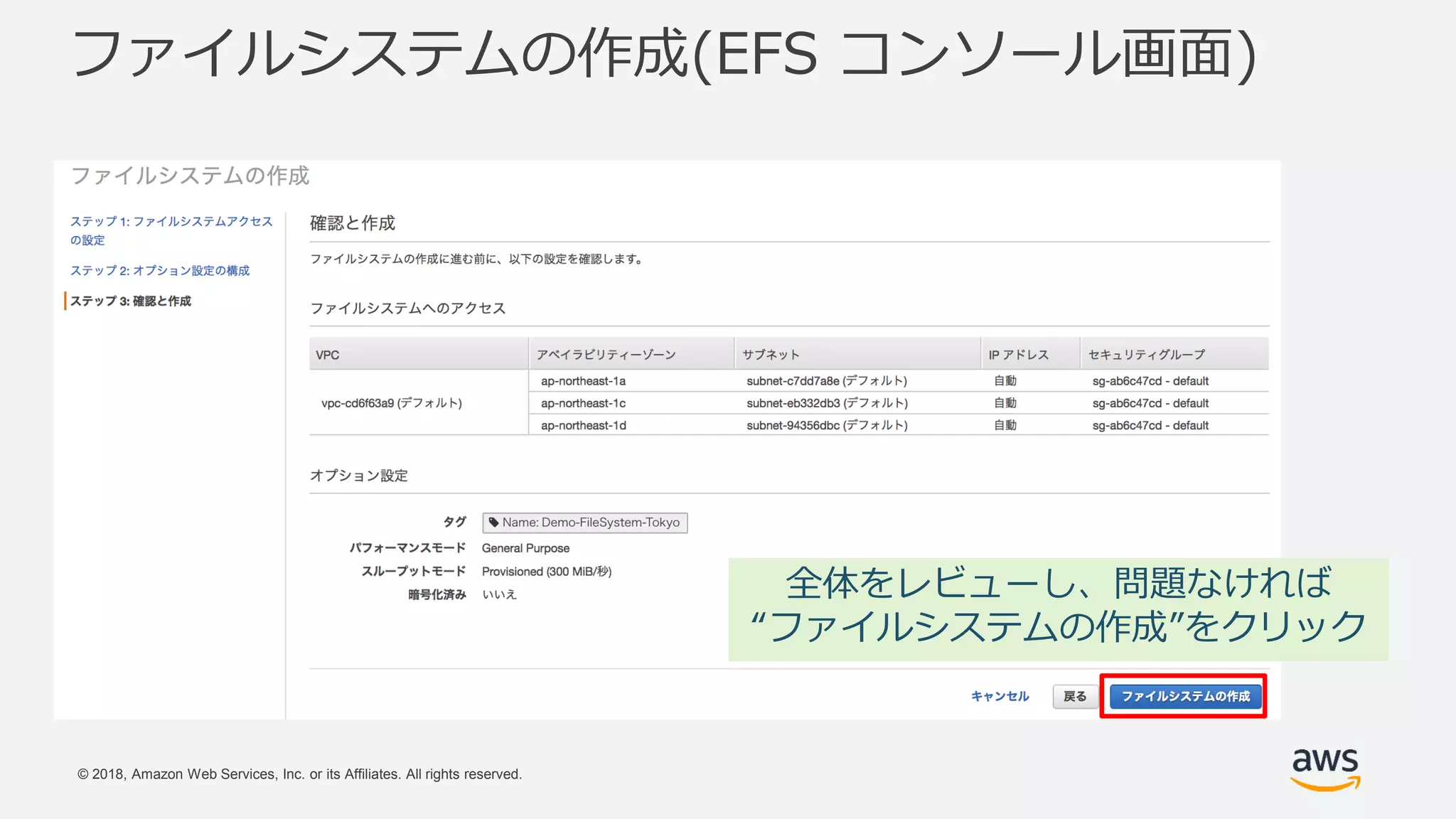 © 2018, Amazon Web Services, Inc. or its Affiliates. All rights reserved.
ファイルシステムの作成(EFS コンソール画面)
全体をレビューし、問題なければ
“ファイルシステムの作成”をクリック
 