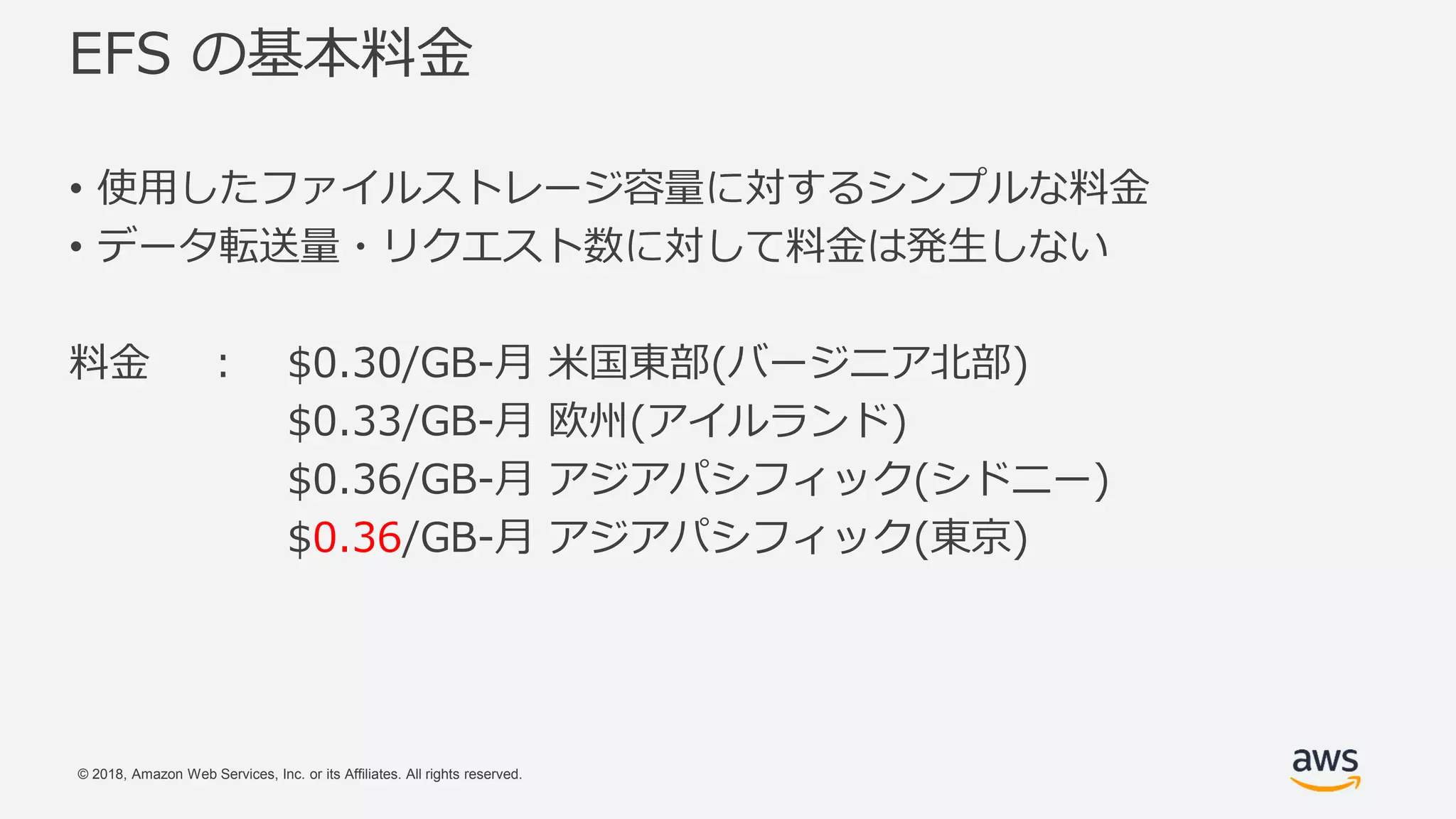 © 2018, Amazon Web Services, Inc. or its Affiliates. All rights reserved.
EFS の基本料金
• 使用したファイルストレージ容量に対するシンプルな料金
• データ転送量・リクエスト数に対して料金は発生しない
料金 : $0.30/GB-月 米国東部(バージニア北部)
$0.33/GB-月 欧州(アイルランド)
$0.36/GB-月 アジアパシフィック(シドニー)
$0.36/GB-月 アジアパシフィック(東京)
 
