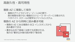 © 2018, Amazon Web Services, Inc. or its Affiliates. All rights reserved.
高耐久性・高可用性
複数 AZ に複製して保存
• 複数のアベイラビリティ ゾーン(AZ)間で、
数の制限を受けない複数のストレージ サーバーに分散された
ペタバイト スケールの堅牢なファイルシステム
複数の AZ から同時に読み書き可能
• 複数の AZ にある複数の EC2 インスタンスから
読み書きできる
• 書き込み完了直後には他でも反映される、
強力な”書き込み後の読み取り”整合性
 