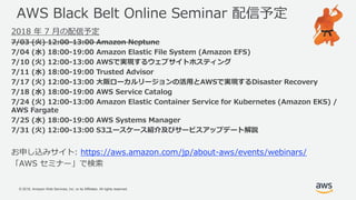 © 2018, Amazon Web Services, Inc. or its Affiliates. All rights reserved.
AWS Black Belt Online Seminar 配信予定
2018 年 7 月の配信予定
7/03 (火) 12:00-13:00 Amazon Neptune
7/04 (水) 18:00-19:00 Amazon Elastic File System (Amazon EFS)
7/10 (火) 12:00-13:00 AWSで実現するウェブサイトホスティング
7/11 (水) 18:00-19:00 Trusted Advisor
7/17 (火) 12:00-13:00 大阪ローカルリージョンの活用とAWSで実現するDisaster Recovery
7/18 (水) 18:00-19:00 AWS Service Catalog
7/24 (火) 12:00-13:00 Amazon Elastic Container Service for Kubernetes (Amazon EKS) /
AWS Fargate
7/25 (水) 18:00-19:00 AWS Systems Manager
7/31 (火) 12:00-13:00 S3ユースケース紹介及びサービスアップデート解説
お申し込みサイト: https://aws.amazon.com/jp/about-aws/events/webinars/
「AWS セミナー」で検索
 