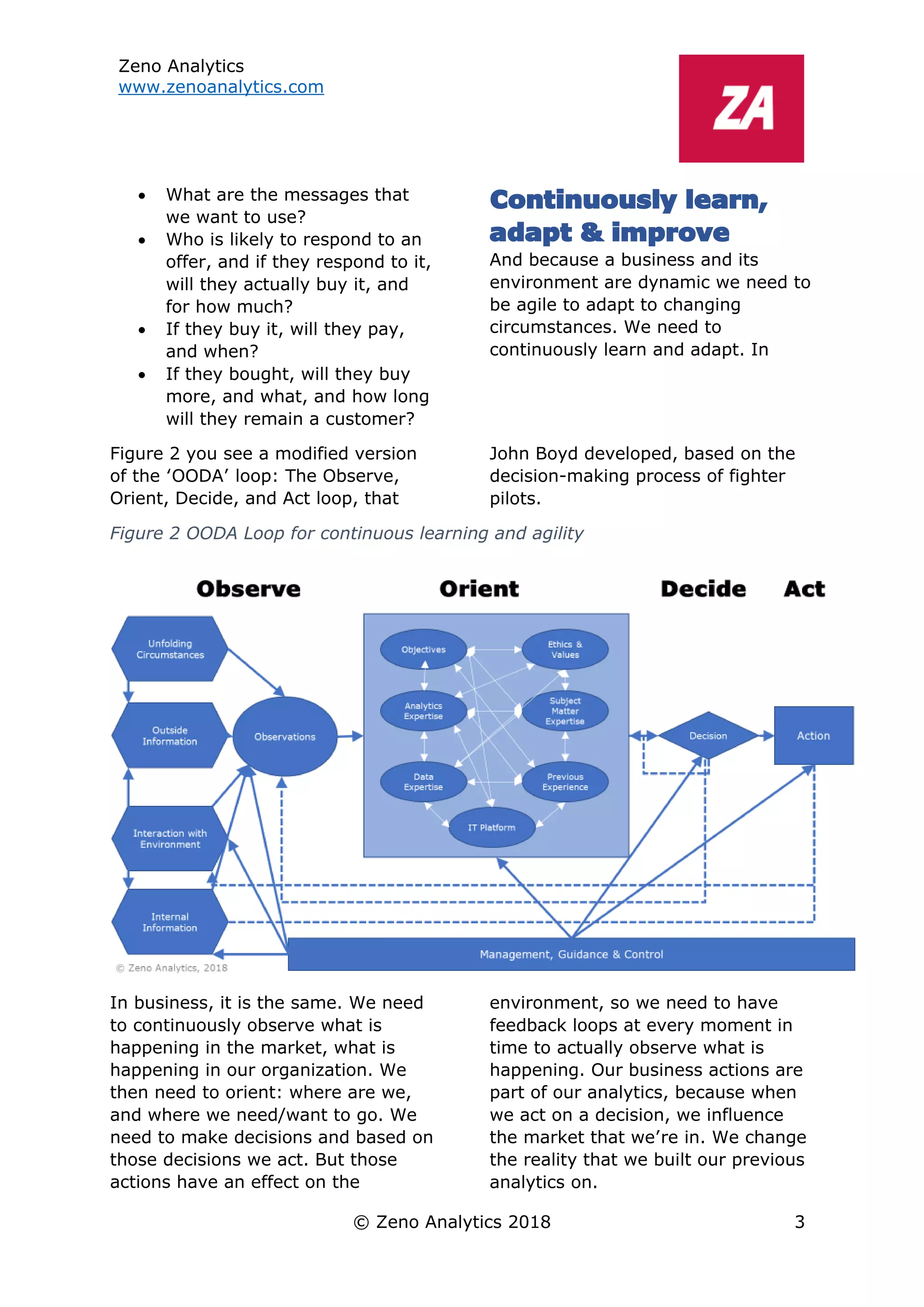 Zeno Analytics
www.zenoanalytics.com
© Zeno Analytics 2018 3
• What are the messages that
we want to use?
• Who is likely to respond to an
offer, and if they respond to it,
will they actually buy it, and
for how much?
• If they buy it, will they pay,
and when?
• If they bought, will they buy
more, and what, and how long
will they remain a customer?
Continuously learn,
adapt & improve
And because a business and its
environment are dynamic we need to
be agile to adapt to changing
circumstances. We need to
continuously learn and adapt. In
Figure 2 you see a modified version
of the ‘OODA’ loop: The Observe,
Orient, Decide, and Act loop, that
John Boyd developed, based on the
decision-making process of fighter
pilots.
Figure 2 OODA Loop for continuous learning and agility
In business, it is the same. We need
to continuously observe what is
happening in the market, what is
happening in our organization. We
then need to orient: where are we,
and where we need/want to go. We
need to make decisions and based on
those decisions we act. But those
actions have an effect on the
environment, so we need to have
feedback loops at every moment in
time to actually observe what is
happening. Our business actions are
part of our analytics, because when
we act on a decision, we influence
the market that we’re in. We change
the reality that we built our previous
analytics on.
 