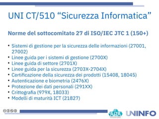 Norme del sottocomitato 27 di ISO/IEC JTC 1 (150+)
●
Sistemi di gestione per la sicurezza delle informazioni (27001,
27002)
●
Linee guida per i sistemi di gestione (2700X)
●
Linee guida di settore (2701X)
●
Linee guida per la sicurezza (2703X-2704X)
●
Certifcazione della sicurezza dei prodotti (15408, 18045)
●
Autenticazione e biometria (2476X)
●
Protezione dei dati personali (291XX)
●
Crittografa (979X, 18033)
●
Modelli di maturità ICT (21827)
UNI CT/510 “Sicurezza Informatica”
 