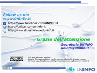 Grazie dell'attenzione
This work is licensed under the
Creative Commons Attribution- NonCommercial-NoDerivs 3.0 Unported License.
To view a copy of this license, visit http://creativecommons.org/licenses/by-nc-nd/3.0/
Follow us on:
www.uninfo.it
https://www.facebook.com/UNINFO.it
https://twitter.com/uninfo_it
http://www.slideshare.net/uninfoit
Segreteria UNINFO
uninfo@uninfo.it
 