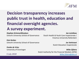 Stephan Grimmelikhuijsen
Utrecht University School of Governance
Feie Herkes
Utrecht University School of Governance
Femke de Vries
University of Groningen
Decision transparency increases public trust in oversight agencies1
Decision transparency increases
public trust in health, education and
financial oversight agencies.
A survey experiment.
Ian Leistikow
Dutch Health & Youth Care Inspectorate /
Erasmus University Rotterdam
Jos Verkroost
Dutch Education Inspectorate
Wilte Zijlstra
Dutch Authority for the Financial Markets (AFM)
Wilte.Zijlstra@afm.nl5 July 2018
 