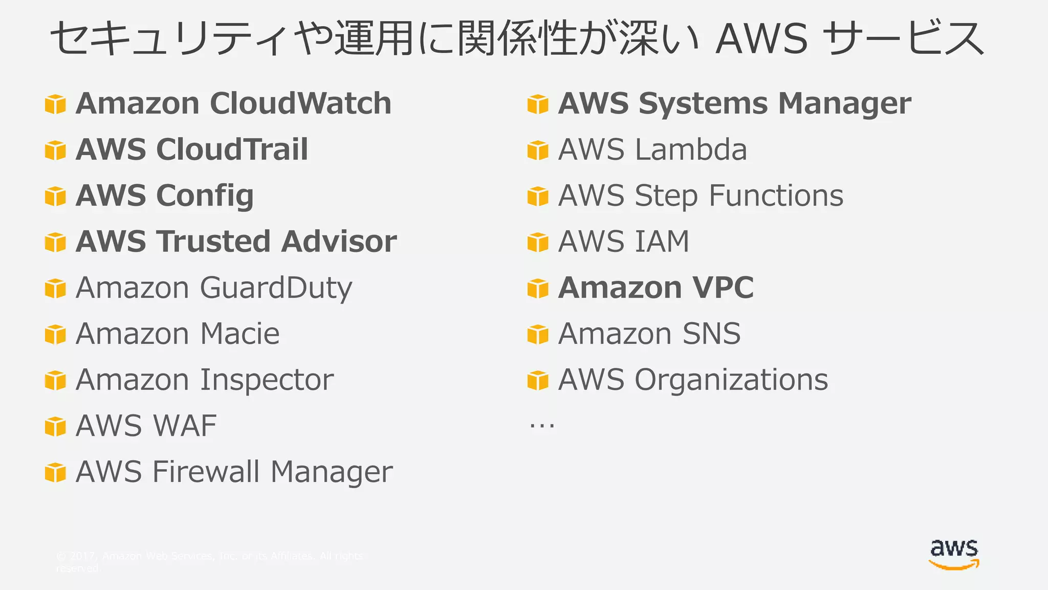 © 2017, Amazon Web Services, Inc. or its Affiliates. All rights
reserved.
Amazon CloudWatch
AWS CloudTrail
AWS Config
AWS Trusted Advisor
Amazon GuardDuty
Amazon Macie
Amazon Inspector
AWS WAF
AWS Firewall Manager
セキュリティや運用に関係性が深い AWS サービス
AWS Systems Manager
AWS Lambda
AWS Step Functions
AWS IAM
Amazon VPC
Amazon SNS
AWS Organizations
…
 