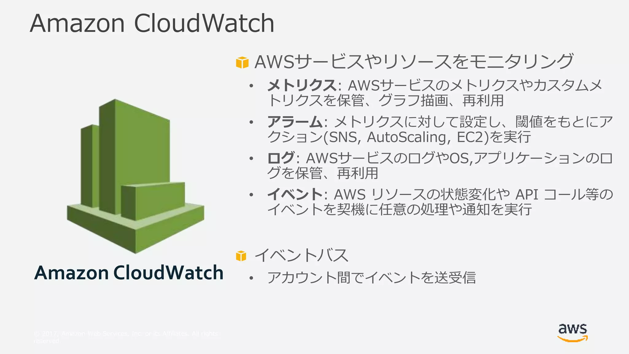 © 2017, Amazon Web Services, Inc. or its Affiliates. All rights
reserved.
AWSサービスやリソースをモニタリング
• メトリクス: AWSサービスのメトリクスやカスタムメ
トリクスを保管、グラフ描画、再利用
• アラーム: メトリクスに対して設定し、閾値をもとにア
クション(SNS, AutoScaling, EC2)を実行
• ログ: AWSサービスのログやOS,アプリケーションのロ
グを保管、再利用
• イベント: AWS リソースの状態変化や API コール等の
イベントを契機に任意の処理や通知を実行
イベントバス
• アカウント間でイベントを送受信
Amazon CloudWatch
Amazon CloudWatch
 