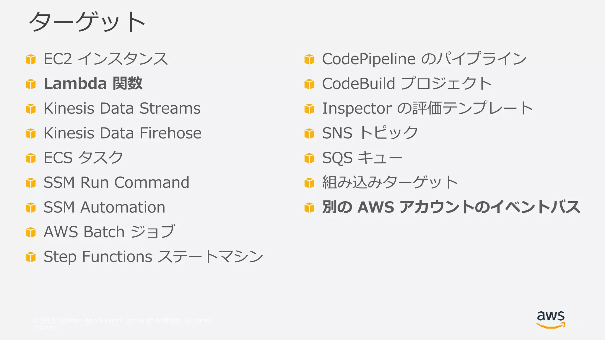© 2017, Amazon Web Services, Inc. or its Affiliates. All rights
reserved.
EC2 インスタンス
Lambda 関数
Kinesis Data Streams
Kinesis Data Firehose
ECS タスク
SSM Run Command
SSM Automation
AWS Batch ジョブ
Step Functions ステートマシン
ターゲット
CodePipeline のパイプライン
CodeBuild プロジェクト
Inspector の評価テンプレート
SNS トピック
SQS キュー
組み込みターゲット
別の AWS アカウントのイベントバス
 