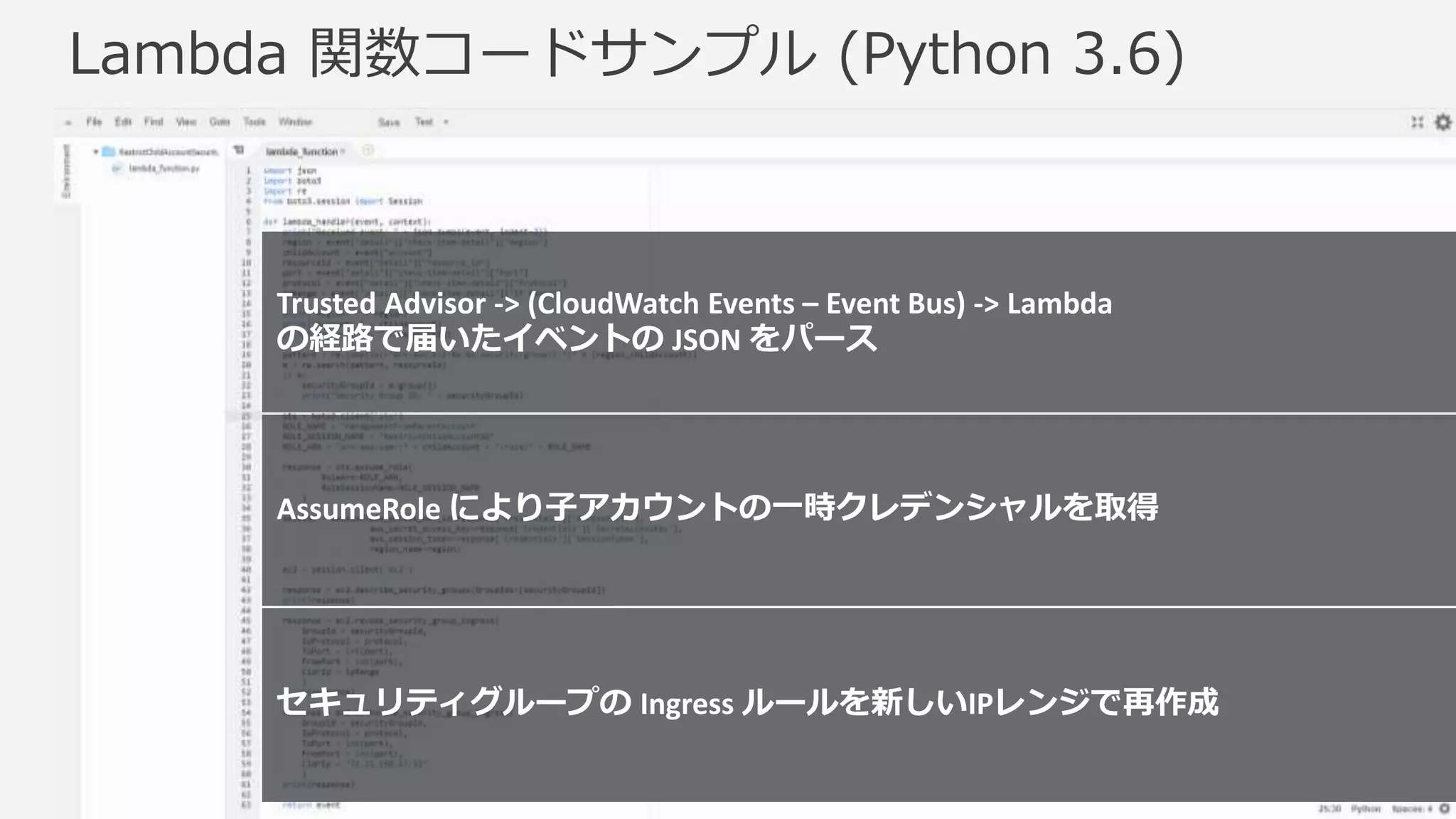 © 2017, Amazon Web Services, Inc. or its Affiliates. All rights
reserved.
Lambda 関数コードサンプル (Python 3.6)
AssumeRole により子アカウントの一時クレデンシャルを取得
セキュリティグループの Ingress ルールを新しいIPレンジで再作成
Trusted Advisor -> (CloudWatch Events – Event Bus) -> Lambda
の経路で届いたイベントの JSON をパース
 