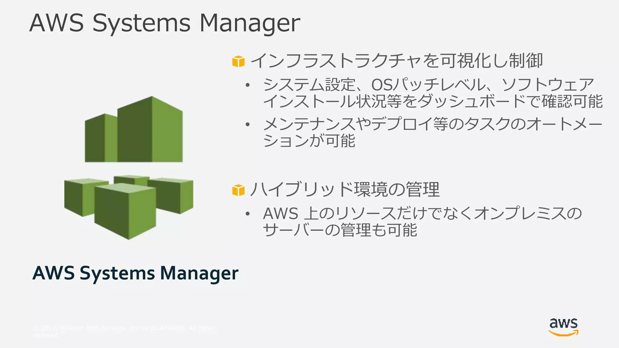 © 2017, Amazon Web Services, Inc. or its Affiliates. All rights
reserved.
インフラストラクチャを可視化し制御
• システム設定、OSパッチレベル、ソフトウェア
インストール状況等をダッシュボードで確認可能
• メンテナンスやデプロイ等のタスクのオートメー
ションが可能
ハイブリッド環境の管理
• AWS 上のリソースだけでなくオンプレミスの
サーバーの管理も可能
AWS Systems Manager
AWS Systems Manager
 
