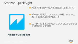 © 2017, Amazon Web Services, Inc. or its Affiliates. All rights
reserved.
AWS の各種サービスと統合された BI ツール
データの可視化、アドホック分析、ダッシュ
ボードの作成などをサポート
ユーザーによるアクセスについてのみセッショ
ン単位の料金で課金
Amazon QuickSight
Amazon QuickSight
 