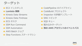 © 2017, Amazon Web Services, Inc. or its Affiliates. All rights
reserved.
EC2 インスタンス
Lambda 関数
Kinesis Data Streams
Kinesis Data Firehose
ECS タスク
SSM Run Command
SSM Automation
AWS Batch ジョブ
Step Functions ステートマシン
ターゲット
CodePipeline のパイプライン
CodeBuild プロジェクト
Inspector の評価テンプレート
SNS トピック
SQS キュー
組み込みターゲット
別の AWS アカウントのイベントバス
 