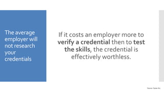 The average
employer will
not research
your
credentials
If it costs an employer more to
verify a credential then to test
the skills, the credential is
effectively worthless.
Source: Career Arc
 