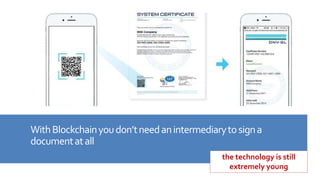 WithBlockchainyoudon’tneedanintermediarytosigna
documentatall
the technology is still
extremely young
 