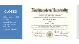 CLOSED
 no knowledge what
is inside
 can only be used
how gatekeeper
intended
 no public benefit
 