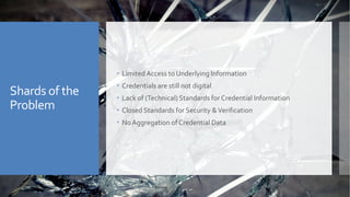 Shards of the
Problem
 Limited Access to Underlying Information
 Credentials are still not digital
 Lack of (Technical) Standards for Credential Information
 Closed Standards for Security &Verification
 NoAggregation of Credential Data
 