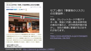 セブン銀行「事業等のリスク」
の文章抜粋：
---
将来、クレジットカードや電子マ
ネー等、現金に代替し得る決済手段
の普及が進むと、ATM利用件数が減
少し、当社の業績に影響が及ぶおそ
れがあります。
---
https://www.sevenbank.co.jp/ir/managem
ent/business_risk.html
DIAMOND ONLINE: http://diamond.jp/articles/-/149517
 
