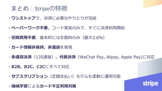 まとめ：Stripeの特徴
・ワンストップで、決済に必要なやりとりが完結
・ペーパーワーク不要。コード実装のみで、すぐに決済利用開始
・初期費用不要、基本的には手数料のみ（最大3.6％）
・カード情報非保持、非通過を実現
・多通貨決済（135通貨）、代替決済（WeChat Pay, Alipay, Apple Pay)に対応
・B2B、B2C、C2Cにすべて対応
・サブスクリプション（定額支払い）モデルも柔軟に運用可能
・機械学習によるカード不正利用対策
 