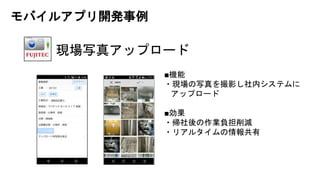 現場写真アップロード
■機能
・現場の写真を撮影し社内システムに
アップロード
■効果
・帰社後の作業負担削減
・リアルタイムの情報共有
モバイルアプリ開発事例
 