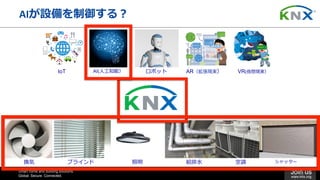 Smart home and building solutions.
Global. Secure. Connected.
Join us
www.knx.org
換気 空調照明ブラインド 給排⽔
VR(仮想現実）AR（拡張現実）IoT AI(⼈⼯知能） ロボット
シャッター
AIが設備を制御する？
 