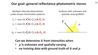 10
Our goal: general reflectance photometric stereo
Can we determine 𝒏 from intensities when
• 𝝆 is unknown and spatially-...